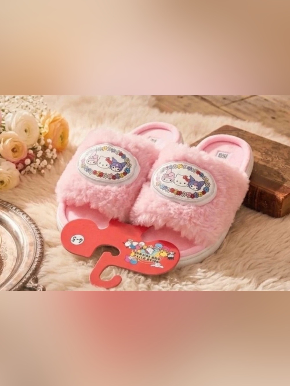 Pink Fuzzy Kids Slide Slippers with Cute Character Patch 4/5 junior